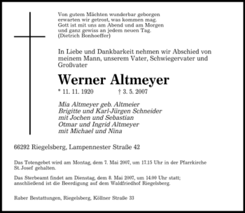 Traueranzeige von Werner Altmeyer von SAARBRÜCKER ZEITUNG