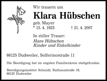 Traueranzeige von Klara Hübschen von SAARBRÜCKER ZEITUNG