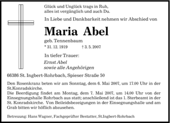 Traueranzeige von Maria Abel von SAARBRÜCKER ZEITUNG