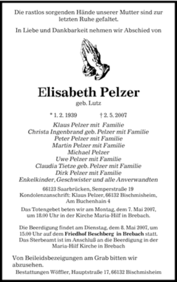 Traueranzeige von Elisabeth Pelzer von SAARBRÜCKER ZEITUNG