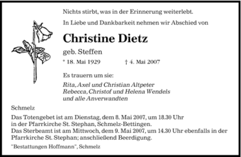 Traueranzeige von Christine Dietz von SAARBRÜCKER ZEITUNG