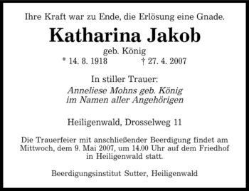Traueranzeige von Katharina Jakob von SAARBRÜCKER ZEITUNG