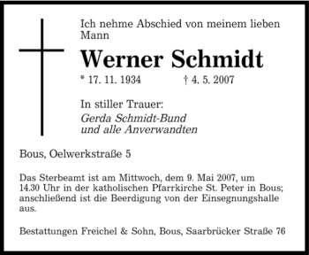 Traueranzeige von Werner Schmidt von SAARBRÜCKER ZEITUNG