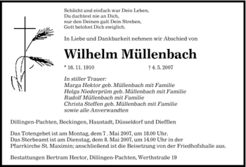 Traueranzeige von Wilhelm Müllenbach von SAARBRÜCKER ZEITUNG