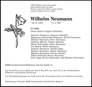 Traueranzeige von Wilhelm Neumann von SAARBRÜCKER ZEITUNG