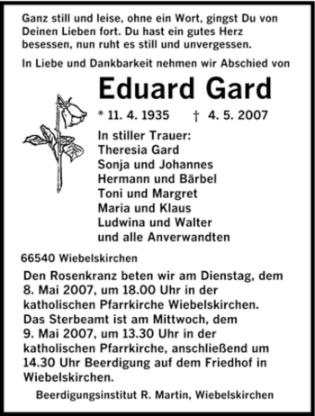 Traueranzeige von Eduard Gard von SAARBRÜCKER ZEITUNG