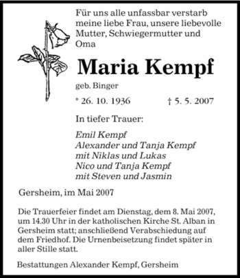 Traueranzeige von Maria Kempf von SAARBRÜCKER ZEITUNG