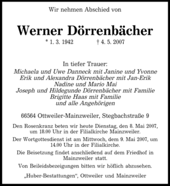 Traueranzeige von Werner Dörrenbächer von SAARBRÜCKER ZEITUNG