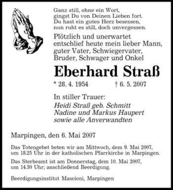 Traueranzeige von Eberhard Straß von SAARBRÜCKER ZEITUNG