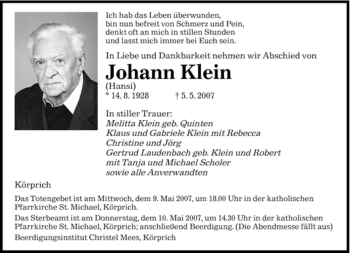 Traueranzeige von Klein Johann von SAARBRÜCKER ZEITUNG