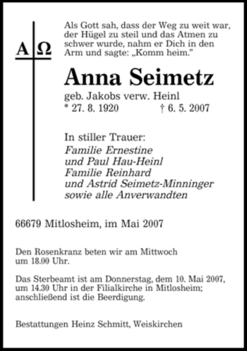Traueranzeige von Anna Seimetz von SAARBRÜCKER ZEITUNG