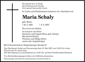 Traueranzeige von Maria Schaly von SAARBRÜCKER ZEITUNG