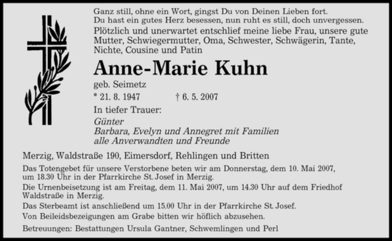  Traueranzeige für Anne-Marie Kuhn vom 08.05.2007 aus SAARBRÜCKER ZEITUNG