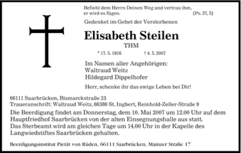 Traueranzeige von Elisabeth Steilen von SAARBRÜCKER ZEITUNG