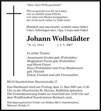 Traueranzeige von Johann Wollstädter von SAARBRÜCKER ZEITUNG