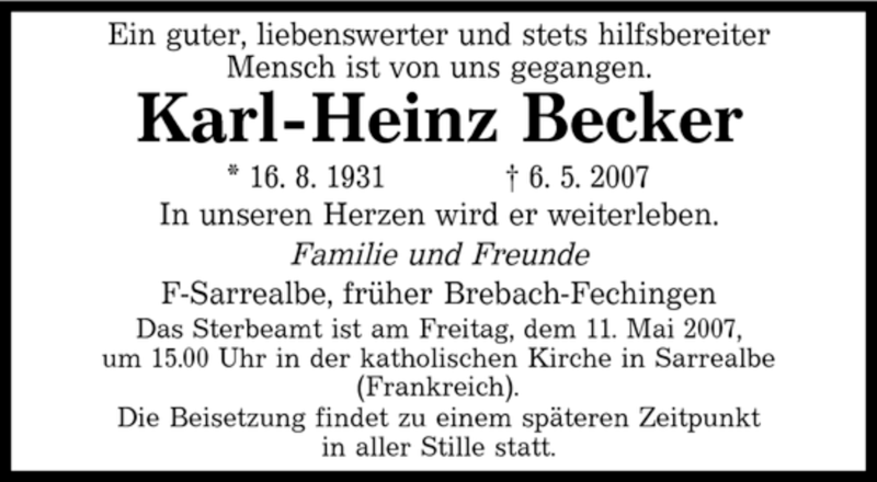  Traueranzeige für Karl-Heinz Becker vom 09.05.2007 aus SAARBRÜCKER ZEITUNG