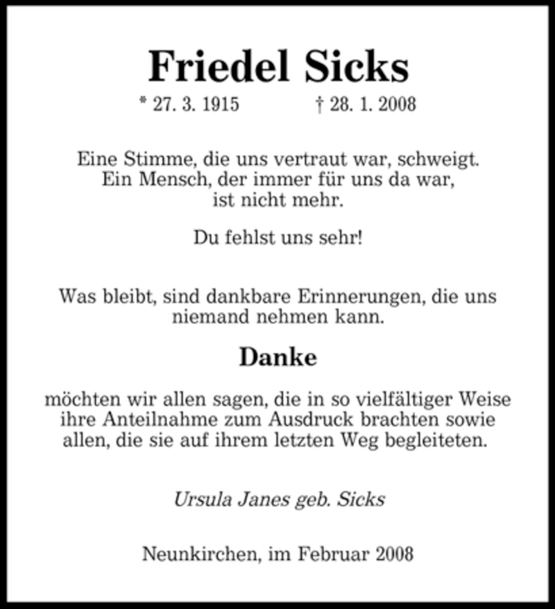  Traueranzeige für Friedel Sicks vom 23.02.2008 aus SAARBRÜCKER ZEITUNG