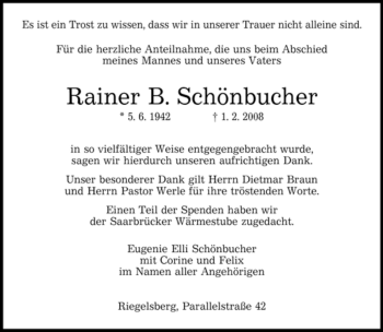 Traueranzeige von Rainer B. Schönbucher von SAARBRÜCKER ZEITUNG