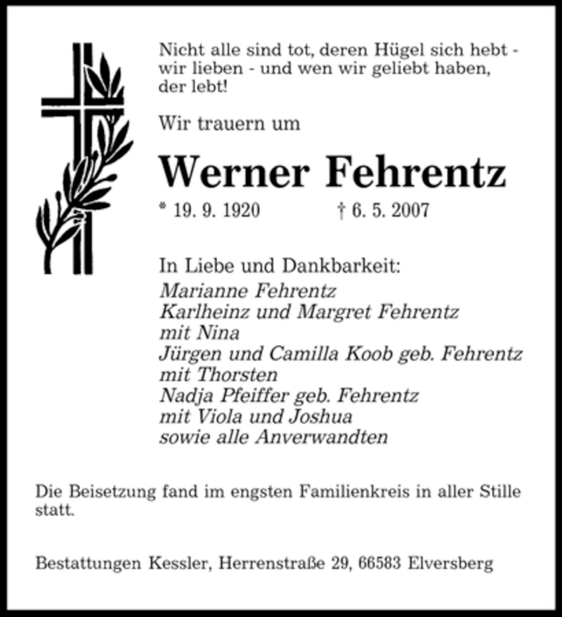  Traueranzeige für Werner Fehrentz vom 12.05.2007 aus SAARBRÜCKER ZEITUNG