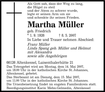 Traueranzeige von Martha Müller von SAARBRÜCKER ZEITUNG