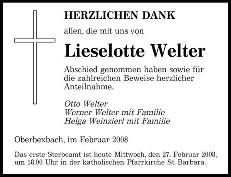  Traueranzeige für Lieselotte Welter vom 27.02.2008 aus SAARBRÜCKER ZEITUNG