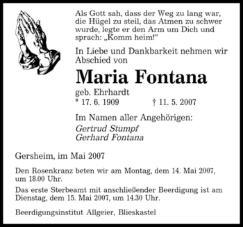 Traueranzeige von Maria Fontana von SAARBRÜCKER ZEITUNG