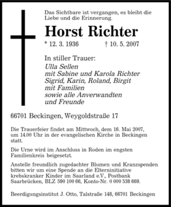 Traueranzeige von Horst Richter von SAARBRÜCKER ZEITUNG