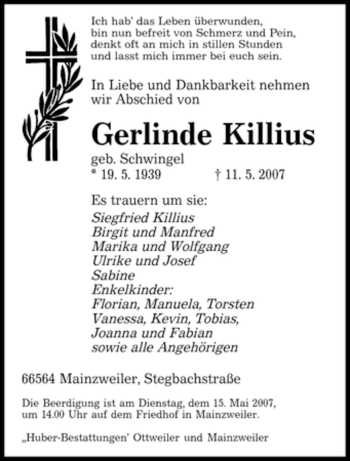 Traueranzeige von Gerlinde Killius von SAARBRÜCKER ZEITUNG