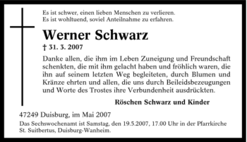 Traueranzeige von Werner Schwarz 