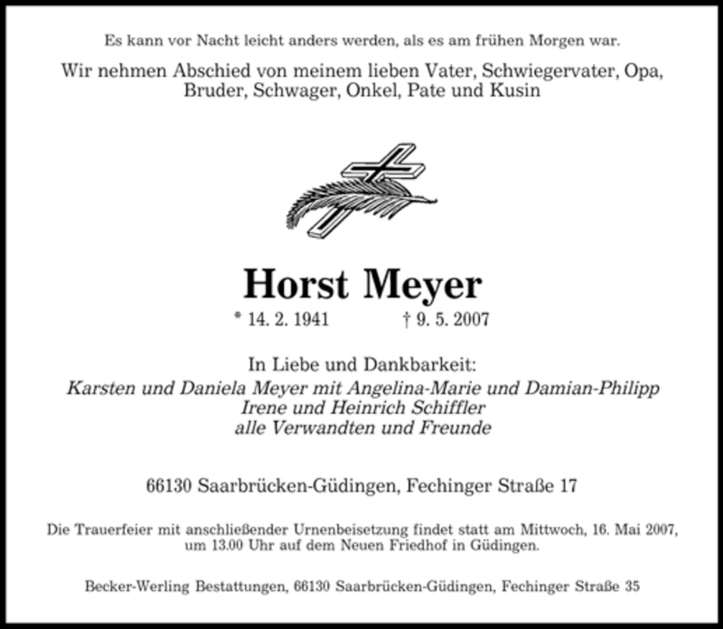  Traueranzeige für Horst Meyer vom 15.05.2007 aus SAARBRÜCKER ZEITUNG