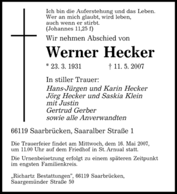 Traueranzeige von Werner Hecker von SAARBRÜCKER ZEITUNG