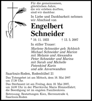 Traueranzeige von Engelbert Schneider von SAARBRÜCKER ZEITUNG