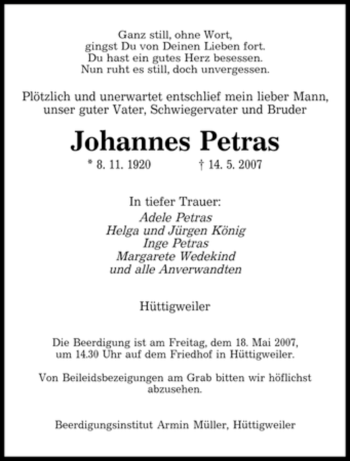 Traueranzeige von Johannes Petras von SAARBRÜCKER ZEITUNG