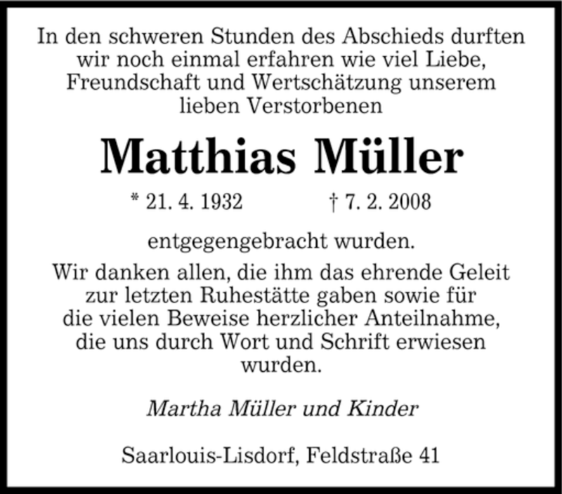  Traueranzeige für Matthias Müller vom 01.03.2008 aus SAARBRÜCKER ZEITUNG