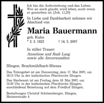Traueranzeige von Maria Bauermann von SAARBRÜCKER ZEITUNG