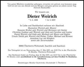 Traueranzeige von Dieter Weirich von SAARBRÜCKER ZEITUNG