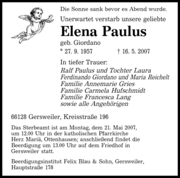 Traueranzeige von Elena Paulus von SAARBRÜCKER ZEITUNG