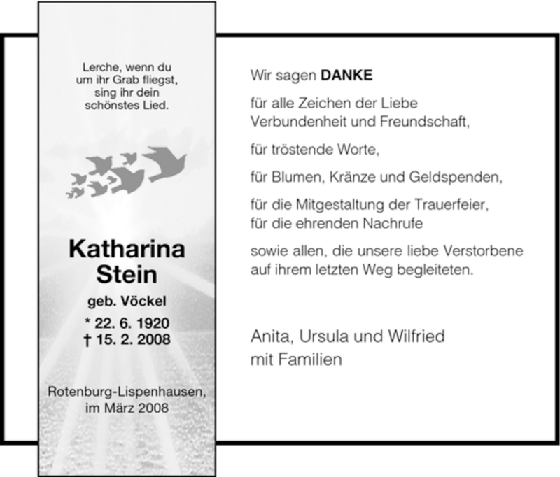  Traueranzeige für Katharina Stein vom 08.03.2008 aus SAARBRÜCKER ZEITUNG
