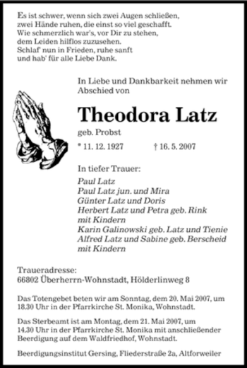 Traueranzeige von Theodora Latz von SAARBRÜCKER ZEITUNG