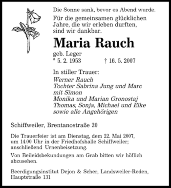 Traueranzeige von Maria Rauch von SAARBRÜCKER ZEITUNG