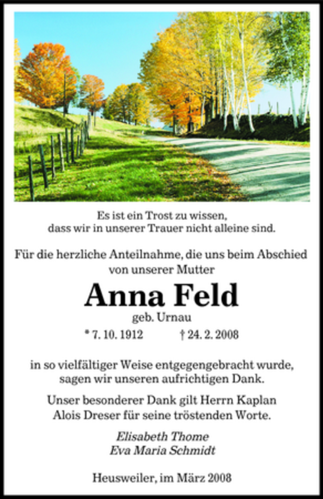  Traueranzeige für Anna Feld vom 08.03.2008 aus SAARBRÜCKER ZEITUNG