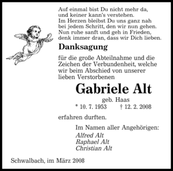 Traueranzeige von Gabriele Alt von SAARBRÜCKER ZEITUNG
