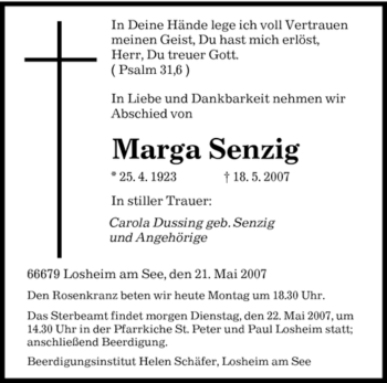 Traueranzeige von Marga Senzig von SAARBRÜCKER ZEITUNG