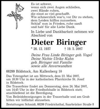 Traueranzeige von Dieter Biringer von SAARBRÜCKER ZEITUNG
