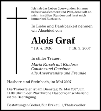 Traueranzeige von Alois Graf von SAARBRÜCKER ZEITUNG