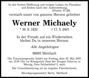 Traueranzeige von Werner Michaely von SAARBRÜCKER ZEITUNG