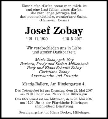 Traueranzeige von Josef Zobay von SAARBRÜCKER ZEITUNG
