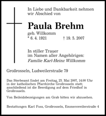 Traueranzeige von Paula Brehm von SAARBRÜCKER ZEITUNG