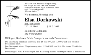 Traueranzeige von Elsa Dorkowski von SAARBRÜCKER ZEITUNG