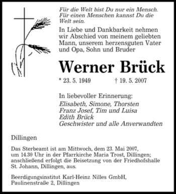 Traueranzeige von Werner Brück von SAARBRÜCKER ZEITUNG